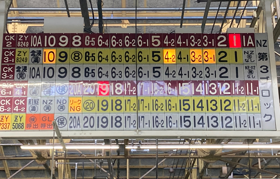 When equipment stops, the andon (problem display board) lights up to notify workers of the abnormality. People need only respond when there is an abnormality, thus eliminating the need for a person to watch over the equipment.