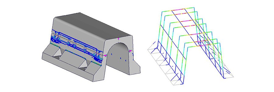 Image 7: Results of strength test simulations using the stand-alone curbstone model (left: concrete stress distribution; right: load distribution on reinforcing bars)