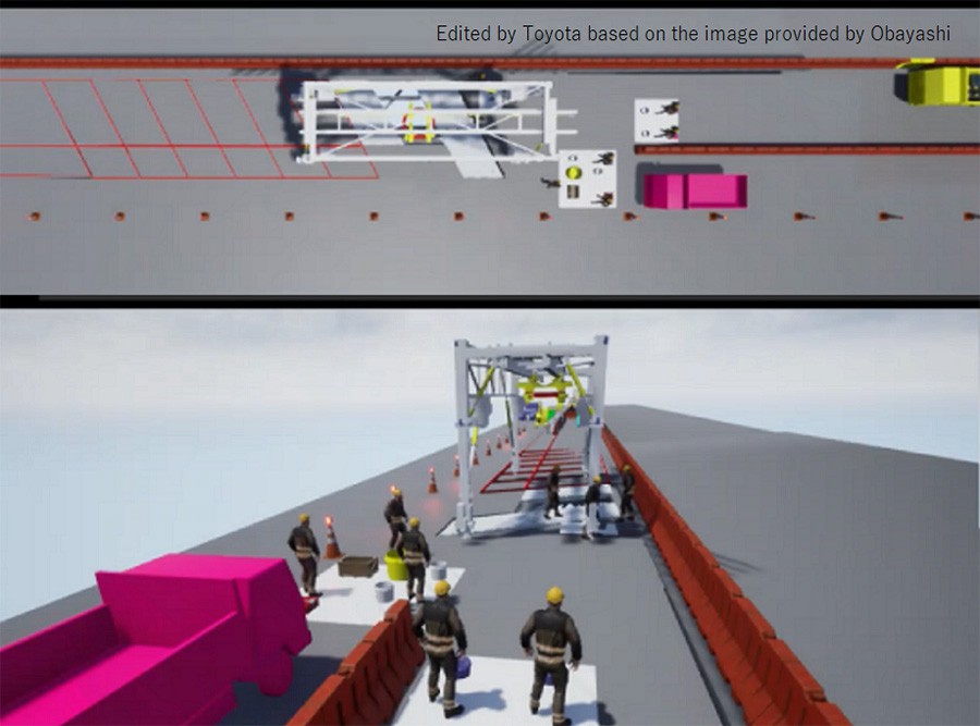 図1 東名多摩川橋床版取替工事の作業イメージ（上図 ： 上から工事を俯瞰した図　下図 ： 道路上から工事を見た図）
