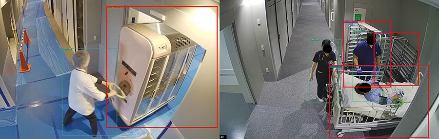 Figure 6 Recognition results of hospital-specific objects (carts, beds) attempting to enter the corridor. The left image was taken when collecting data for a new cart in a building under protection by curing material before opening.