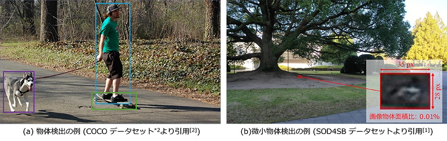 図1（a）物体検出と（b）微小物体検出の問題設定の比較