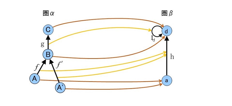 関手の例 圏と圏の間を矢印でつないで対比させるのが関手で、対象と対象をつなぐ矢印と射と射をつなぐ2種の矢印で構成される。関手では元の圏の中の射のつながりが対比させた先でも保たれるという規則がある。関手で対比させた圏は必ずしも同じ形をしている必要はなく、複数通りの関手が存在する場合も多い（この例ではBをaに対比させるなど、複数の関手がありえる）。このような関手の柔軟性は抽象レベルの変換などさまざまな論理推論を体現できる。
