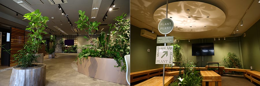 写真左 ： 事務館エントランス　写真右 ： 工場建屋内休憩室