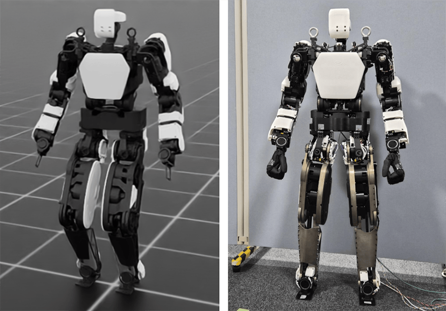 今回の実験に使用した試験機 シミュレーション環境（写真左）で学習し、実機（写真右）で評価する