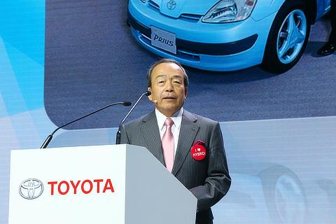 Toyota Chairman Takeshi Uchiyamada delivers a speech at Auto Shanghai 2015