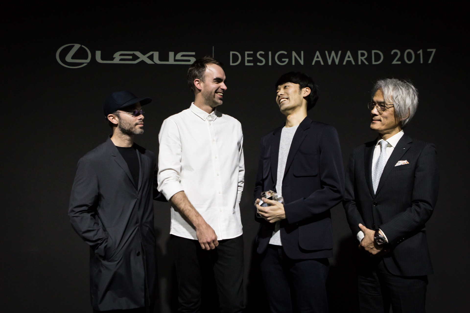Lexus Design Award 2017 From left: Snarkitecture (Mentor), Hiroto Yoshizoe (Grand Prix Winner), Yoshihiro Sawa (President, Lexus International)