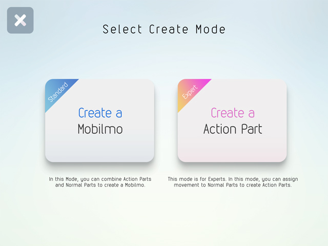 Mobilmo creation mode (for beginners) and Action Parts creation mode (for advanced users)