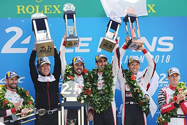 José María López, driver / Shigeki Tomoyama, GAZOO Racing Company President / Sébastien Buemi / Kazuki Nakajima / Fernando Alonso, driver; 2018-19 WEC Round 2 Le Mans 24 Hours