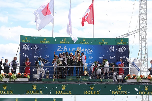 Kamui Kobayashi, driver / Hisatake Murata, Team President / José María López / Mike Conway, driver / Shigeki Tomoyama, GAZOO Racing Company President / Fernando Alonso / Sébastien Buemi / Kazuki Nakajima, driver; 2018-19 WEC Round 2 Le Mans 24 Hours