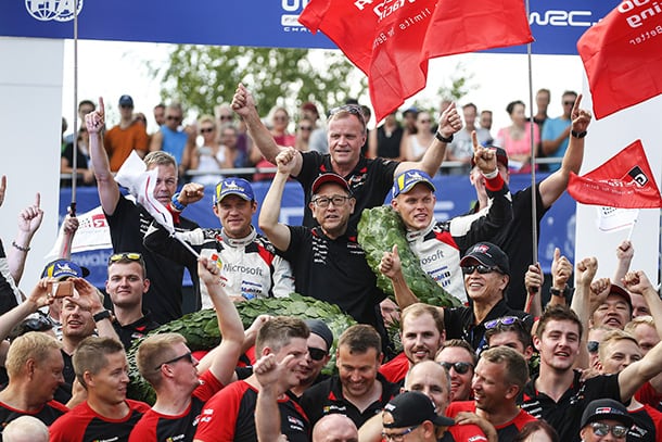 Martin Järveoja, driver / Tommi Mäkinen, Team Principal / Akio Toyoda, Team Chairman / Ott Tänak, driver; 2018 WRC Round 8 RALLY FINLAND