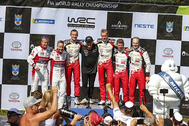 Martin Järveoja, driver / Akio Toyoda, Team Chairman / Ott Tänak / Miikka Anttila / Jari-Matti Latvala, driver; 2018 WRC Round 8 RALLY FINLAND