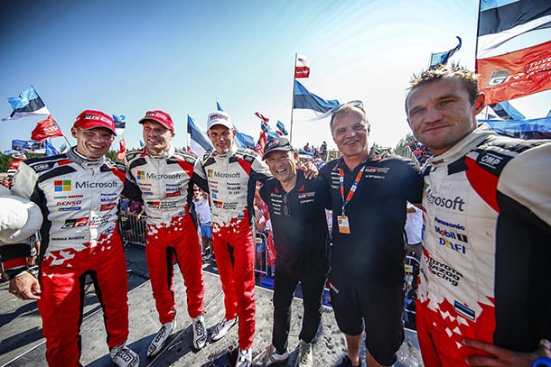 Miikka Anttila / Jari-Matti Latvala / Ott Tänak, driver / Akio Toyoda, Team Chairman / Tommi Mäkinen, Team Principal / Martin Järveoja, driver; 2018 WRC Round 8 RALLY FINLAND