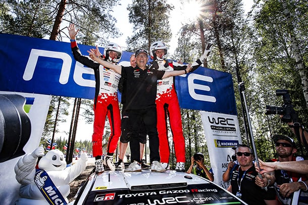 Martin Järveoja, driver / Akio Toyoda, Team Chairman / Ott Tänak, driver; 2018 WRC Round 8 RALLY FINLAND