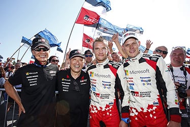 Shigeki Tomoyama, GAZOO Racing Company President / Akio Toyoda, Team Chairman / Ott Tänak / Martin Järveoja, driver; 2018 WRC Round 8 RALLY FINLAND
