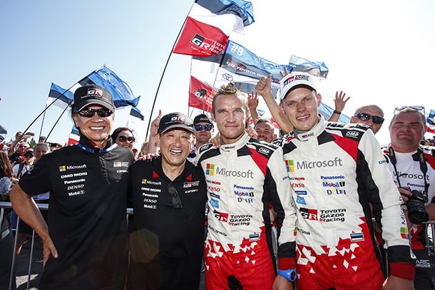 Shigeki Tomoyama, GAZOO Racing Company President / Akio Toyoda, Team Chairman / Ott Tänak / Martin Järveoja, driver; 2018 WRC Round 8 RALLY FINLAND
