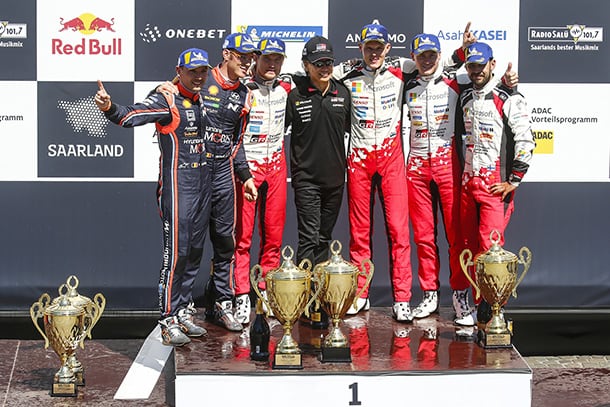 Martin Järveoja, driver / Shigeki Tomoyama, GAZOO Racing Company President / Ott Tänak / Esapekka Lappi / Janne Ferm, driver; 2018 WRC Round 9 RALLYE DEUTSCHLAND
