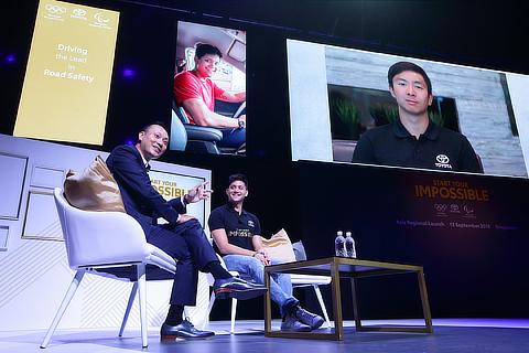 Samuel Yong, Marketing Director, Borneo Motors (Singapore), Joseph Schooling, Olympic Games Rio 2016 Medallist, and Toh Wei Soong, ASEAN Para Games 2017 Medallist, speaking at the Asia Launch of Start Your Impossible