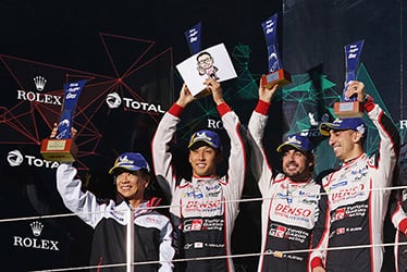 Shigeki Tomoyama, GAZOO Racing Company President / Kazuki Nakajima / Fernando Alonso / Sébastien Buemi, driver; 2018-19 WEC Round 4 Fuji