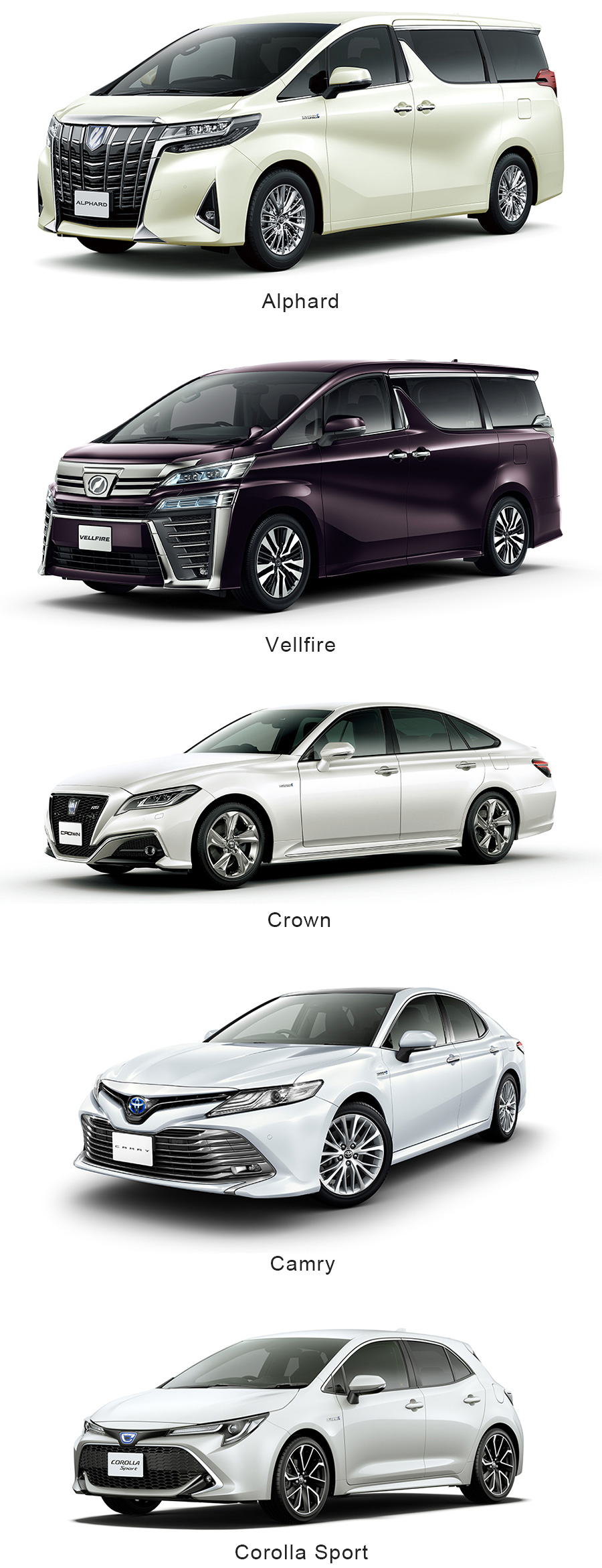Alphard, Vellfire, Crown, Camry, Corolla Sport