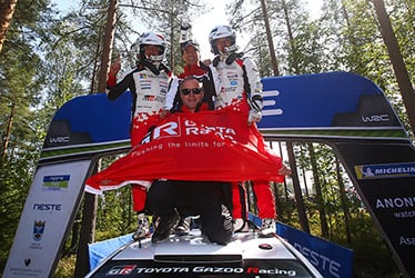 Martin Järveoja, driver / Shigeki Tomoyama, GAZOO Racing Company President / Ott Tänak, driver / Tommi Mäkinen, Team Principal; 2019 WRC Round 9 Rally Finland