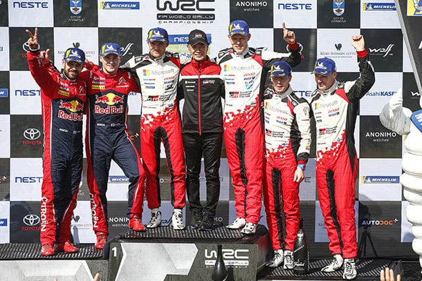 【ドライバー】マルティン・ヤルヴェオヤ／【GAZOO Racing Company President】友山 茂樹／【ドライバー】オィット・タナック／ミーカ・アンティラ／ヤリ-マティ・ラトバラ 2019 WRC Round 9 Rally Finland