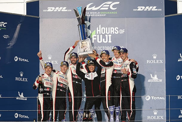 Kamui Kobayashi / Mike Conway / José María López, driver / Shigeki Tomoyama, GAZOO Racing Company President / Kazuki Nakajima / Brendon Hartley / Sébastien Buemi, driver; 2019-20 WEC Round 2 6 Hours of Fuji