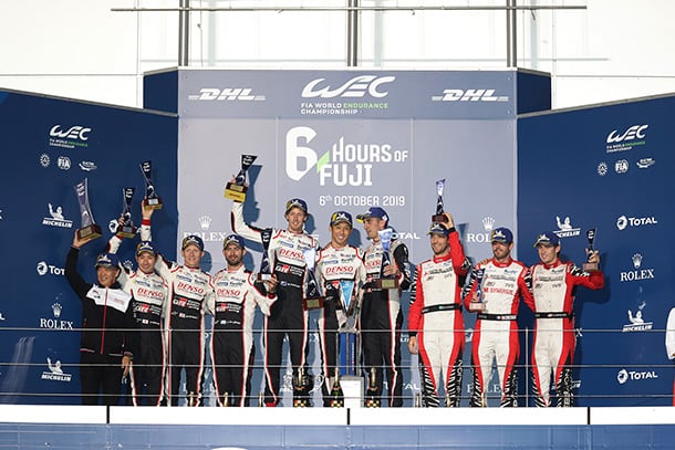 Shigeki Tomoyama, GAZOO Racing Company President / Kamui Kobayashi / Mike Conway / José María López / Brendon Hartley / Kazuki Nakajima / Sébastien Buemi, driver; 2019-20 WEC Round 2 6 Hours of Fuji