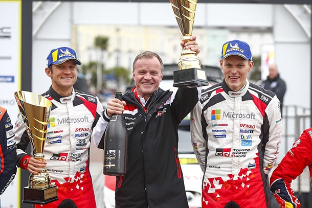 Martin Järveoja, driver / Tommi Mäkinen, Team Principal / Ott Tänak, driver; 2019 WRC Round 12 Rally GB