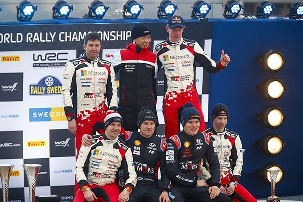 Scott Martin / Jonne Halttunen, driver / Shigeki Tomoyama, GAZOO Racing Company President / Elfyn Evans / Kalle Rovanperä, driver; 2020 WRC Round 2 Rally Sweden