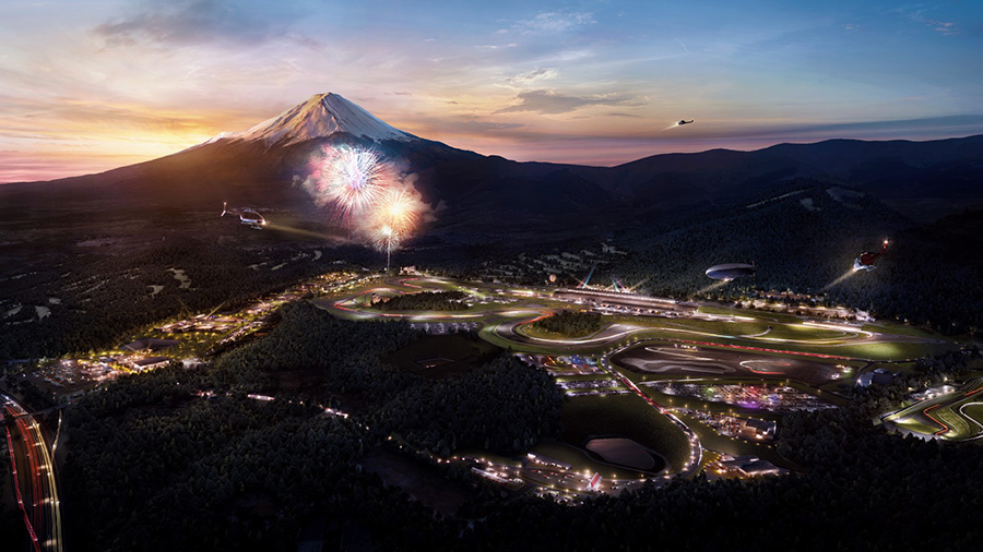 夕焼けに染まる富士山と「富士モータースポーツフォレスト」（左側が新東名高速・（仮称）小山PA）　※イメージパース
