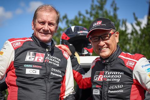 Juha Kankkunen and Morizo after their demo run in the GR Yaris H2 during the ninth round of the WRC in Belgium