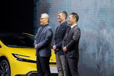 (Left to right) Yuji Fujiwara, Project Chief Designer / Simon Humphries, Senior General Manager, Design Field / Satoki oya, Project General Manager, Product Planning, Toyota Compact Car Company