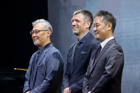 (Left to right) Yuji Fujiwara, Project Chief Designer / Simon Humphries, Senior General Manager, Design Field / Satoki oya, Project General Manager, Product Planning, Toyota Compact Car Company