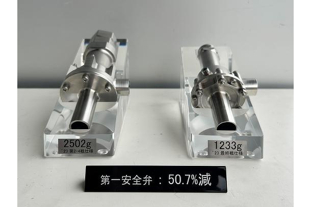 Safety valve before (left) and after (right) weight reduction