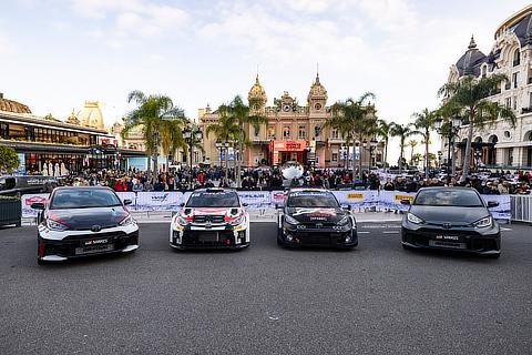 2024年FIA世界ラリー選手権第1戦ラリー・モンテカルロにおいて進化型GRヤリス特別仕様車を世界初披露（左から）GRヤリス RZ“High performance・Kalle Rovanperä Edition”（欧州仕様）GR Yaris Rally2（カスタマーチーム車両）GR YARIS Rally1 HYBRID GRヤリス RZ“High performance・Sébastien Ogier Edition”（日本仕様）