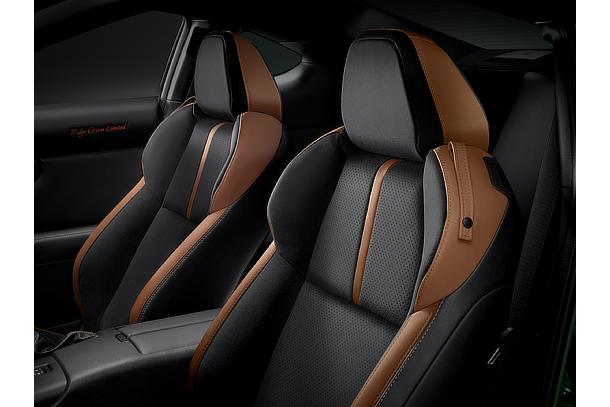 GR86 RZ "Ridge Green Limited" Seat upholstery: Ultrasuede® (black with perforations and tan accents) plus leather