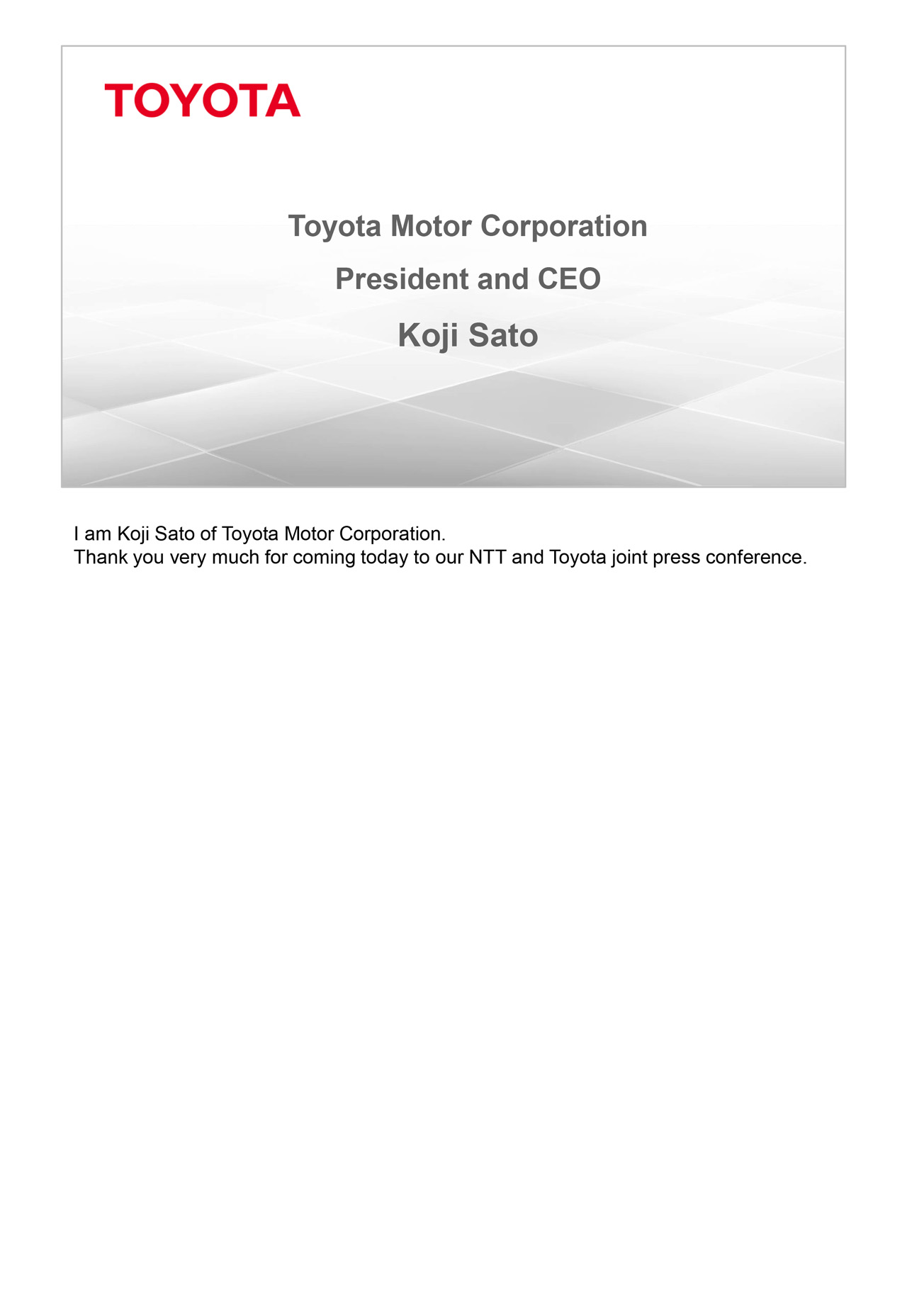 Presentation by CEO Sato, Toyota Motor Corporation