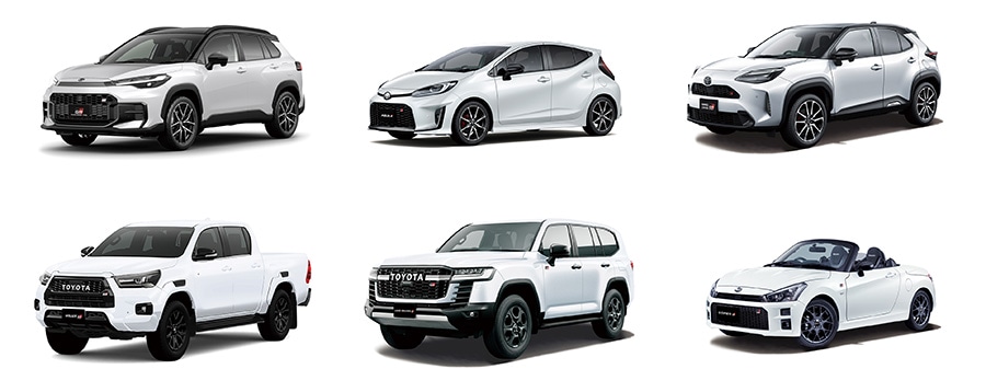 上段 ： 左から、カローラ クロス GR SPORT、アクア GR SPORT、ヤリス クロス GR SPORT、下段 ： ハイラックス GR SPORT、ランドクルーザー GR SPORT、コペン GR SPORT