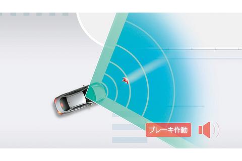 プリクラッシュセーフティ ： 「交差点」右折時の対向直進車・右左折時の横断歩行者・自転車運転者検知機能（作動イメージ）
