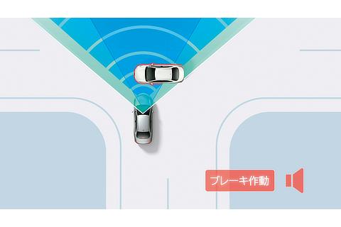 プリクラッシュセーフティ ： 「交差点」出会い頭時の車両・自動二輪車検知機能（作動イメージ）