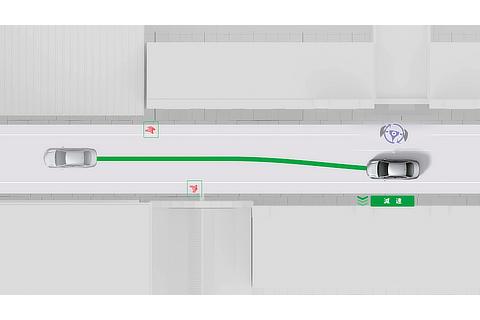 プロアクティブドライビングアシスト ： 歩行者／自転車運転者／駐車車両に対する操舵・減速支援（作動イメージ）