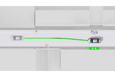 プロアクティブドライビングアシスト ： 歩行者／自転車運転者／駐車車両に対する操舵・減速支援（作動イメージ）
