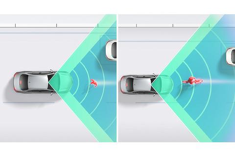 プリクラッシュセーフティ ： 直進時の歩行者・自転車検知機能（作動イメージ）