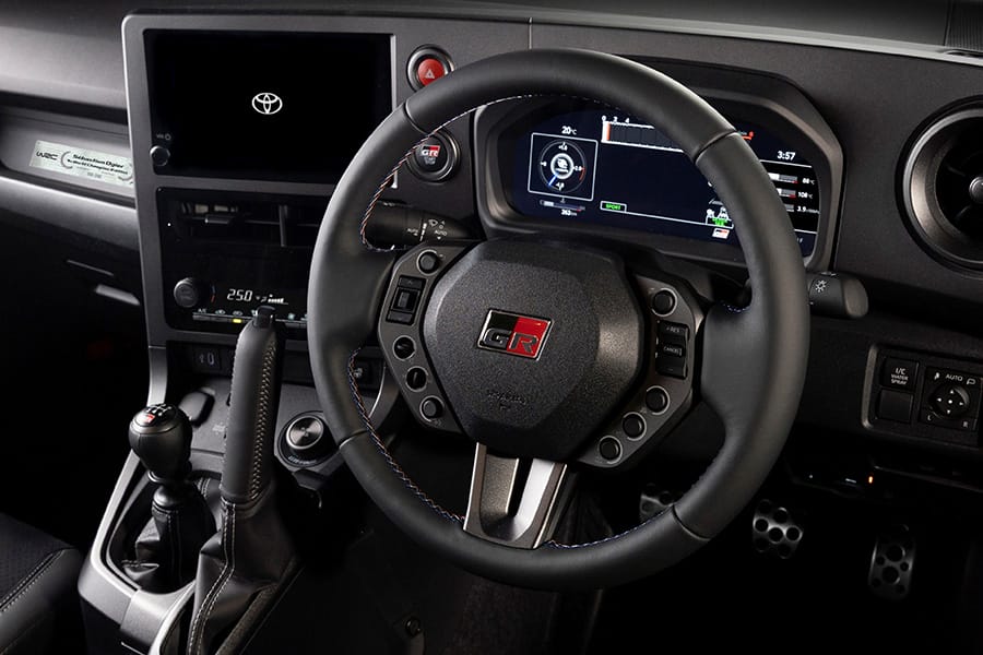 GR Yaris S&eacute;bastien Ogier 9x World Champion Edition (Prototype) Leather-wrapped vertical parking brake lever & cover with gray stitching