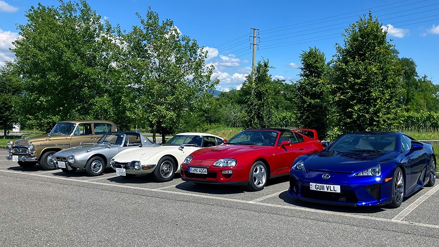 First-generation Crown Model RS, Toyota Sports 800 Model UP15, Toyota 2000GT Model MF10L, Supra Model JZA80, Lexus LFA