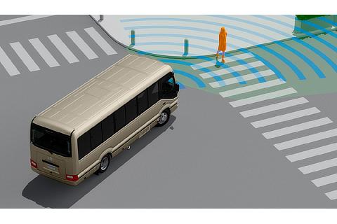 プリクラッシュセーフティ「交差点」自車右左折時、対向方向から横断してきた歩行者や自転車も検知する機能（作動イメージ）