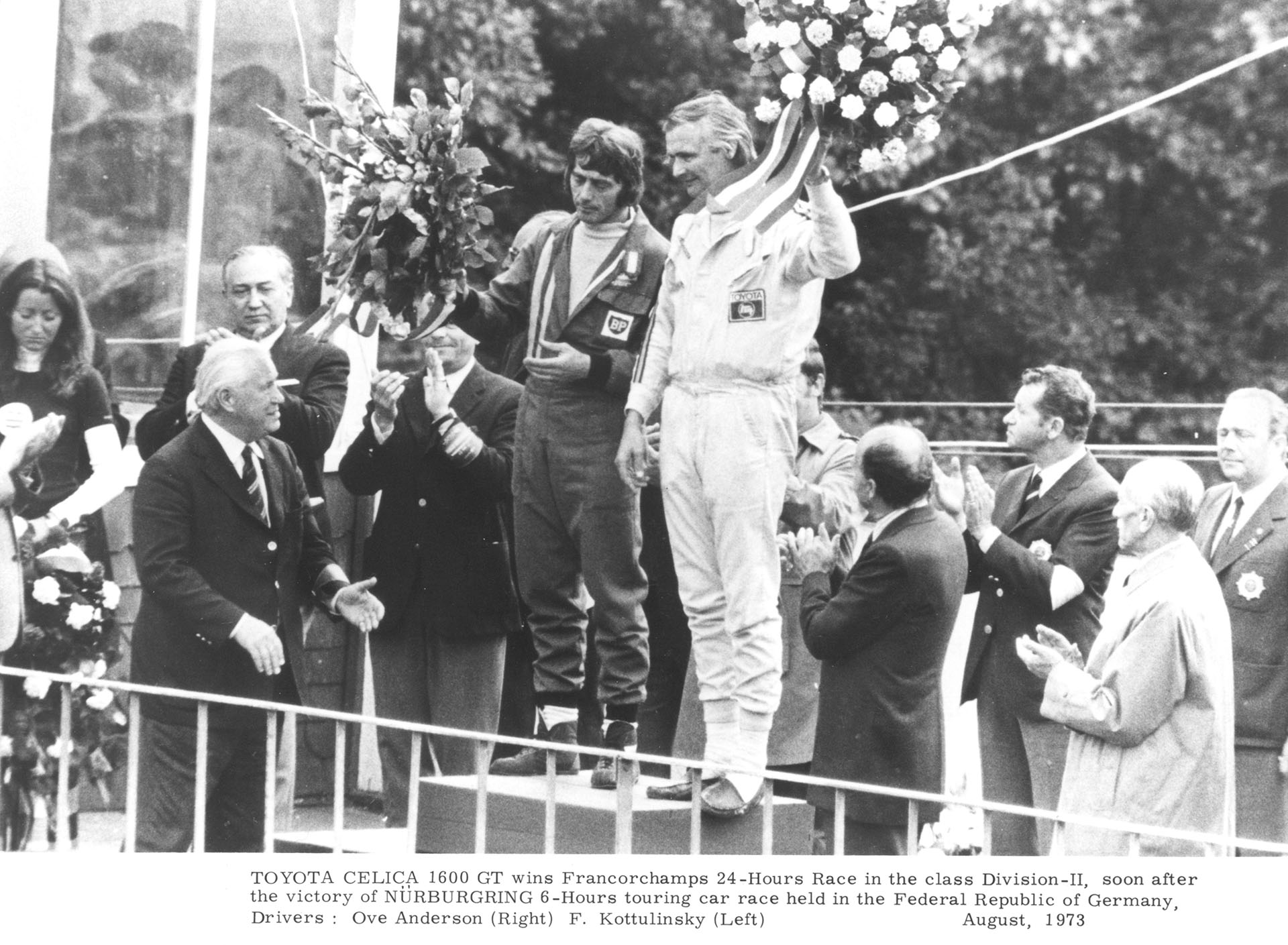 TOYOTA CELICA 1600 GT wins Francorchamps 24-Hours Race in the class Division-II, soon after the victory of NÜRBURGRING 6-Hours touring car race held in the Federal Republic of Germany, Drivers : Ove Anderson (Right) & F.Kottulinsky (Left)