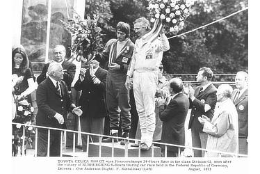 TOYOTA CELICA 1600 GT wins Francorchamps 24-Hours Race in the class Division-II, soon after the victory of NÜRBURGRING 6-Hours touring car race held in the Federal Republic of Germany, Drivers : Ove Anderson (Right) & F.Kottulinsky (Left)
