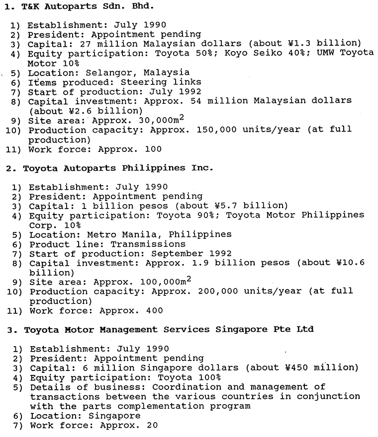 T&K Autoparts Sdn. Bhd., Toyota Autoparts Philipines Inc., Toyora Motor Management Service Singapore Ltd
