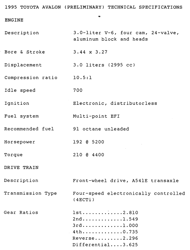 1995 TOYOTA AVALON (PRELIMINARY) TECHNICAL SPECIFICATIONS